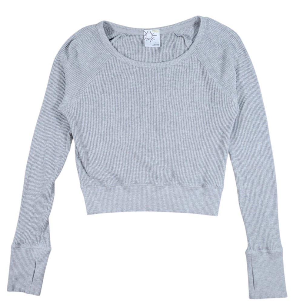 Aerie Offline Thermal Top Womens M Grey Cropped Waffle Knit Thumbhole Athleisure
